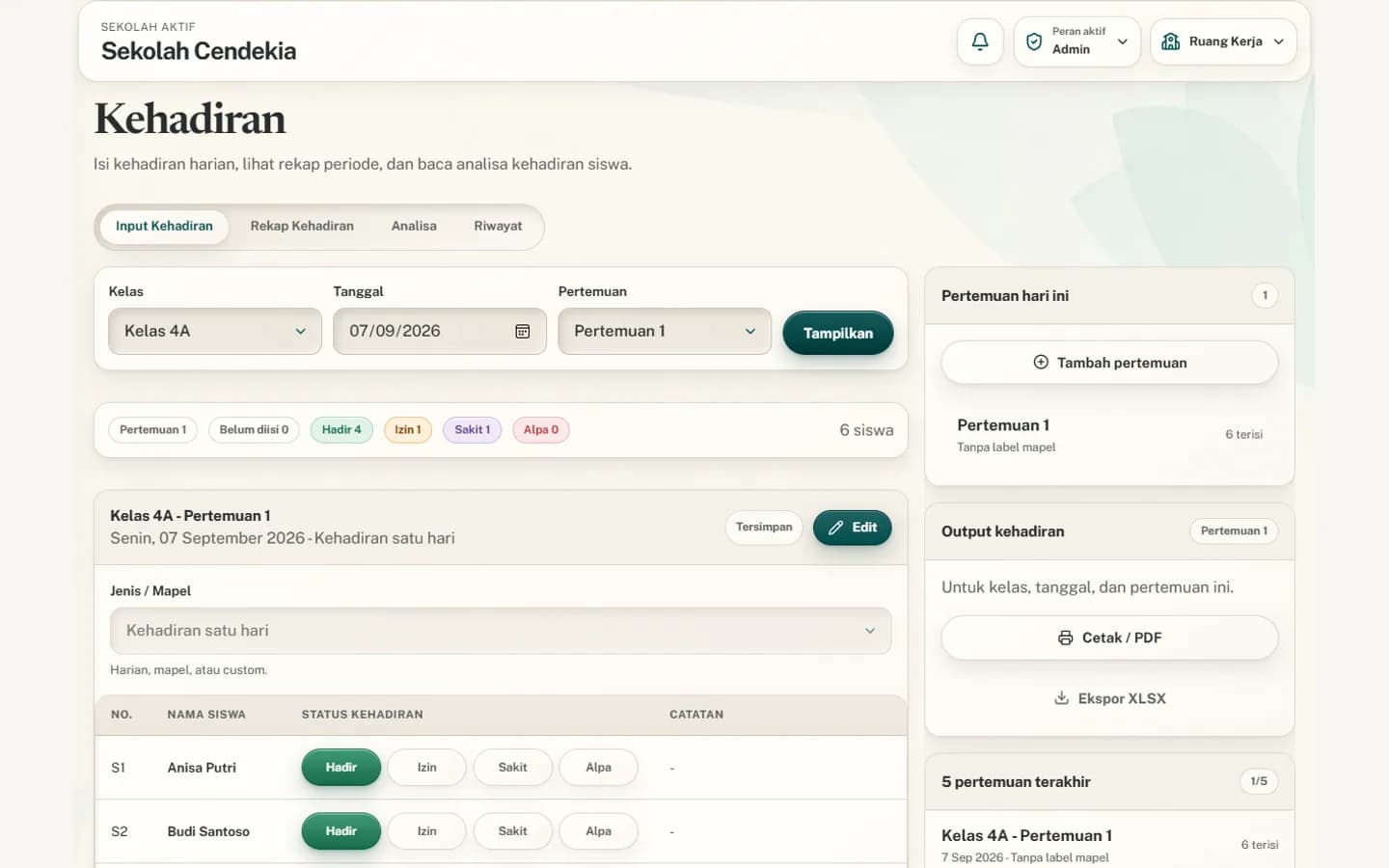 Pencatatan kehadiran pada Guru Worktool dengan data contoh